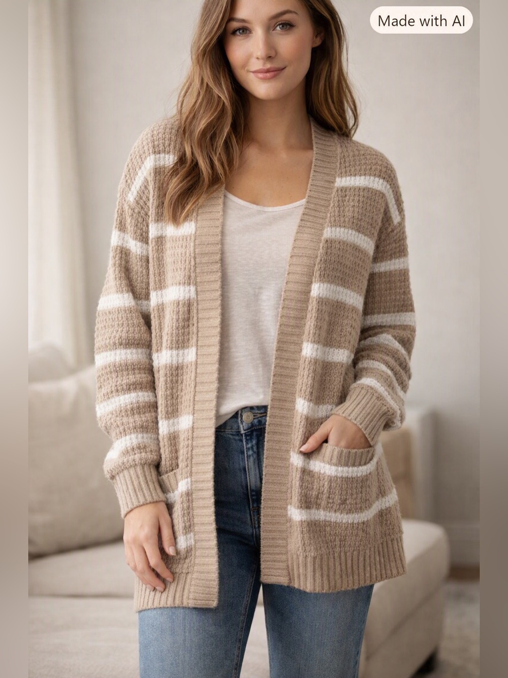 American Eagle Tan & White Striped Open Front Knit Cardigan Sweater Size S